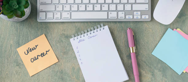 istock banner with top view of the desktop with note with words NEW CAREER, empty notepad, pen, keyboard, cactus and mause on a wooden table. Business and finance concept 1330877138
