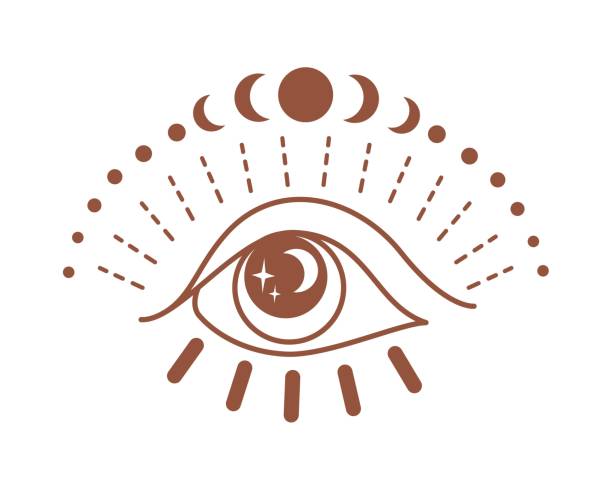 istock Magical eye ouline silhouette with  moon, star in minimal boho style isolated on white background. 1330878102