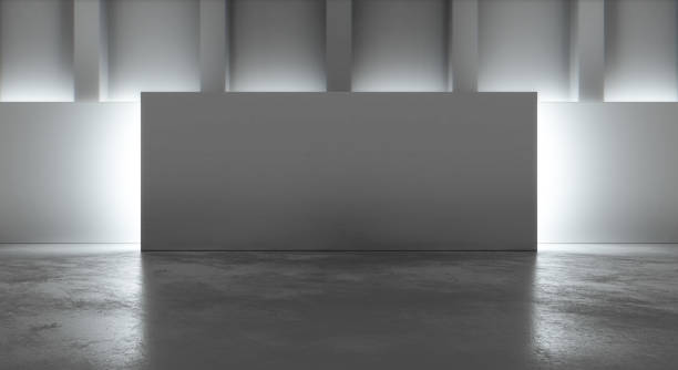 istock Empty Modern gallery interior concrete floor with blank decorative wall. Museum and exhibition background concept. 3D Rendering 1330879577
