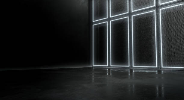 istock Futuristic abstract background glowing lines and reflection, Neon Light Shapes On Empty Black Concrete Space. 3D Rendering. 1330879874