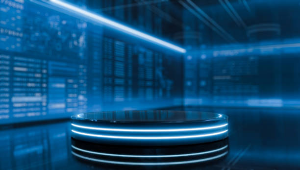 istock Futuristic table pedestal for display with illuminated light. Blank Glossy podium for product. Stage and sci-fi concepts. 3d illustration. 1330880303