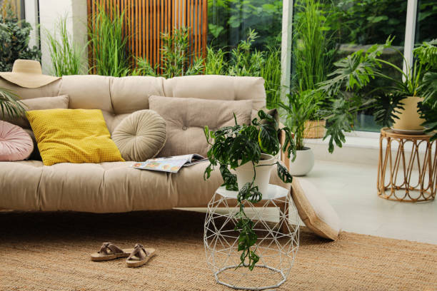 istock Indoor terrace interior with comfortable sofa and green plants 1330881493