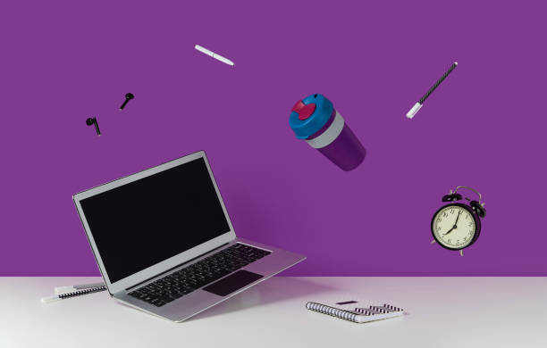 istock Office supplies stationery levitate over white table. Back to school creative layout 1330882434