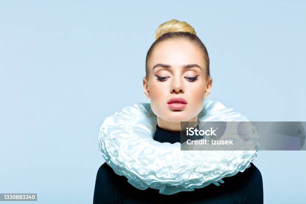Portrait Of Beautiful Woman Wearing Neck Ruff Stock Photo - Download Image Now - Neck Ruff, One Person, People