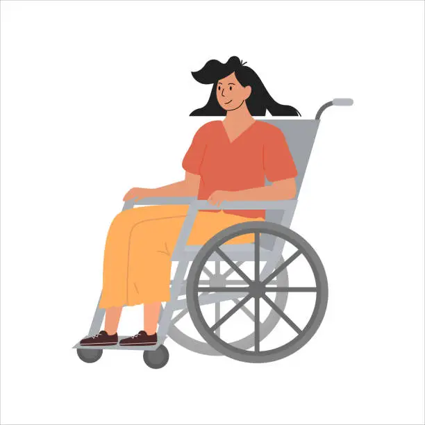 Vector illustration of Modern Young Disabled Woman on Wheelchair. Smiling handicapped girl character isolated on white. Rehabilitation at hospital, Younger Adult with Disability at Nursing Home. Vector illustration.