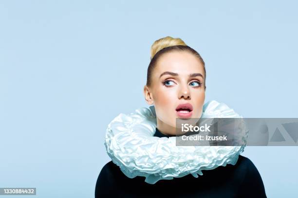 Portrait Of Woman Wearing Neck Ruff Stock Photo - Download Image Now - Neck Ruff, Collar, One Person