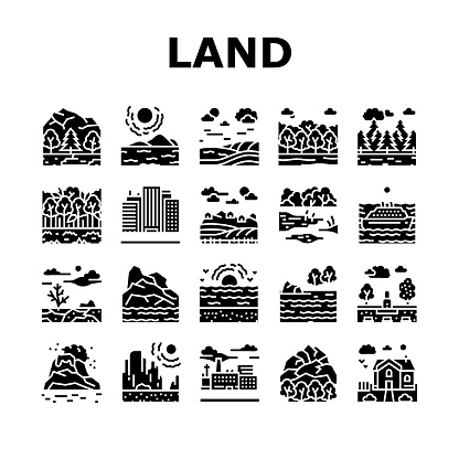 Land Scape Nature Collection Icons Set Vector. Desert And Forest, Meadow And Industrial Metropolis, Sea And Ocean, Tundra And Taiga Land Glyph Pictograms Black Illustrations