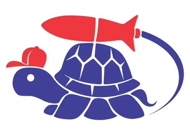 Vector illustration of courier tortoise with launching rocket symbol