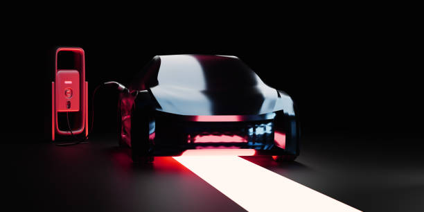 istock Electric car at charging station red light on dark background. EV concept. 3d illustration 1330889083