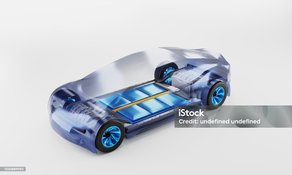 Inside electronic car. battery pack rechargeable cells inside. chassis components. 3d Illustration Battery Stock Photo