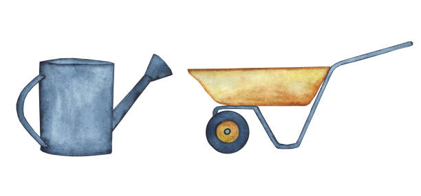 istock Wheelbarrow and watering can isolated on white background. Watercolor hand drawing illustration. Elements for garden work. Perfect for print, design, card, decoration. 1330889149