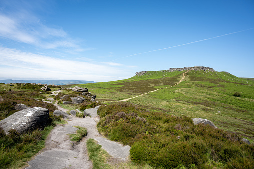 View of Higger Tor from Carl Wark, in the Dark Peak, Peak District National Park, Derbyshire, UK.