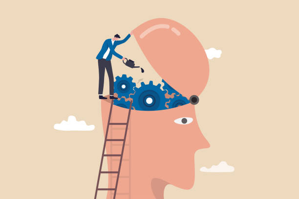 Brain maintenance, fixing emotional and mental problem, boost creativity and thinking process or improve motivation concept, man climb up ladder to fix and lubricate gear cogs on his brain head. Brain maintenance, fixing emotional and mental problem, boost creativity and thinking process or improve motivation concept, man climb up ladder to fix and lubricate gear cogs on his brain head. mental health improvement stock illustrations