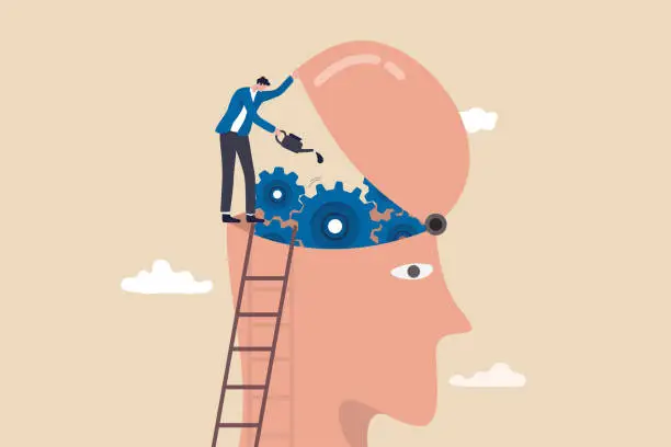 Vector illustration of Brain maintenance, fixing emotional and mental problem, boost creativity and thinking process or improve motivation concept, man climb up ladder to fix and lubricate gear cogs on his brain head.