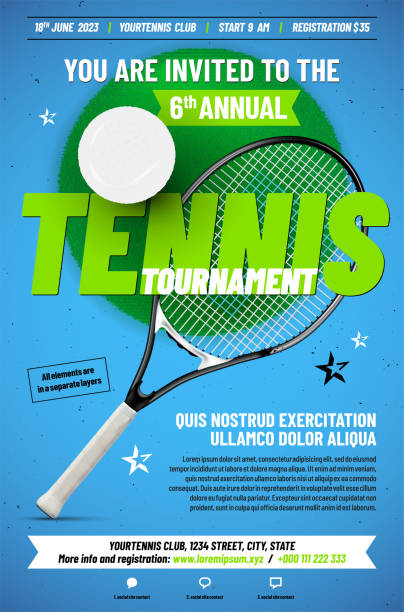 illustrations, cliparts, dessins animés et icônes de modèle d’affiche de tournoi de tennis avec raquette et balle - tennis club