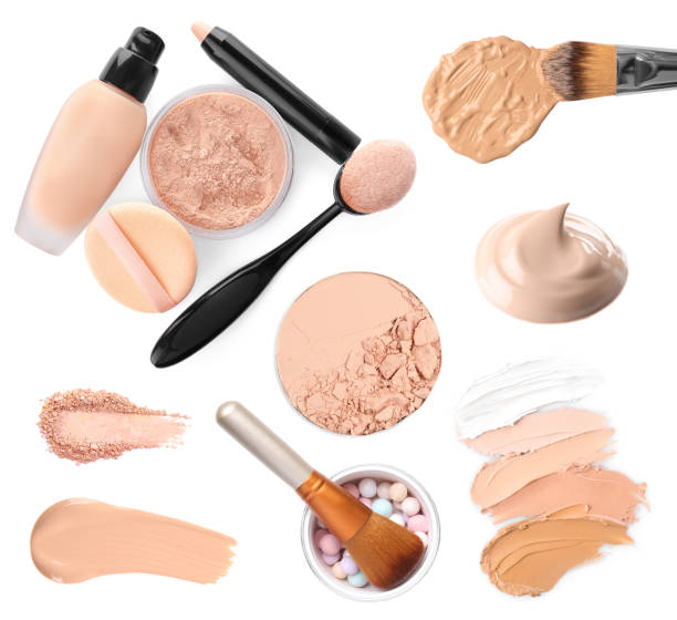 istock Set with different liquid foundation and face powder on white background 1330893528