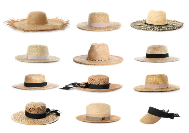 istock Set with stylish straw hats on white background 1330893687