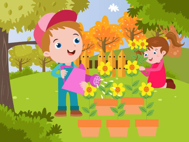 Children watering flower at the garden Happy children cartoon character watering flower at the garden in springtime happy sibling day stock illustrations