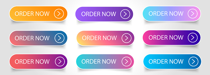 Set of colourful order now buttons with arrow isolated on white background. Vector illustration.