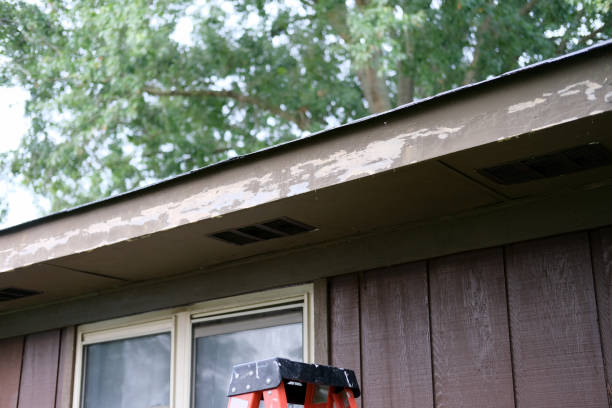 Pealing paint on the side of a home fascial board stock photo