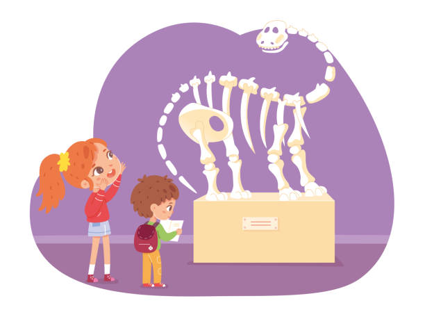 istock Children in archeology museum. Kids looking at dinosaur skeleton at exhibition vector illustration. School excursion scene, boy and girl on field trip on purple background 1330898032