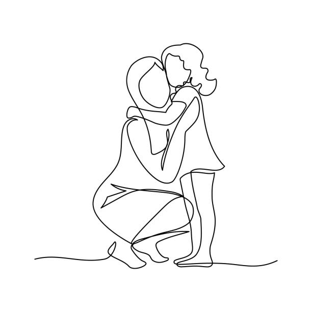 Mother and daughter hugging Happy mom with her female child in continuous line art drawing style. Minimalist black linear sketch isolated on white background. Vector illustration daughter stock illustrations