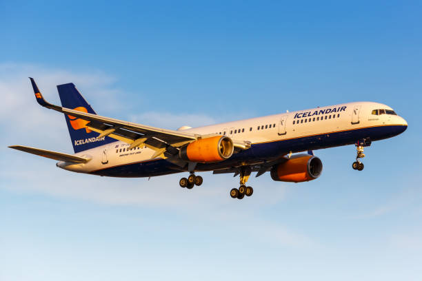 Icelandair Boeing 757-200 airplane London Heathrow Airport in the United Kingdom London, United Kingdom - July 31, 2018: Icelandair Boeing 757-200 airplane at London Heathrow Airport (LHR) in the United Kingdom. boeing 757 stock pictures, royalty-free photos & images