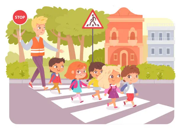 Vector illustration of Kid group leading by teacher on crosswalk. Educator holding road sign stop. Crossroad with traffic lights, car transport. Happy children walk across path on zebra crossing. Vector design.