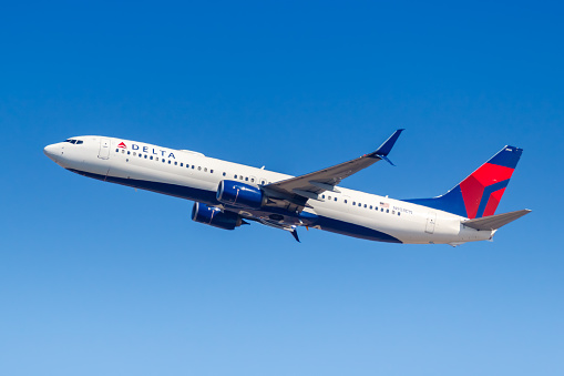 New York City, New York - March 1, 2020: Delta Air Lines Boeing 737-900ER airplane at New York JFK Airport in the United States.