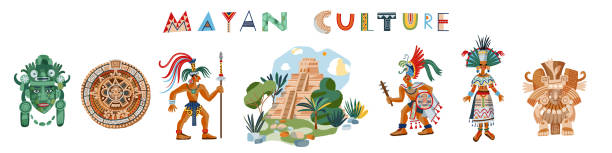 Mayan culture and people set in row. Ancient civilisation icons in Mexico vector illustration. Tribal men and woman, Chichen Itza temple, calendar, masks, text on white background Mayan culture and people set in row. Ancient civilisation icons in Mexico vector illustration. Tribal men and woman, Chichen Itza temple, calendar, masks, text on white background. mayan women stock illustrations