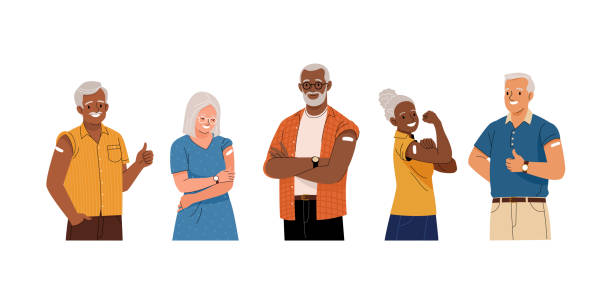 Group of vaccinated senior people. Vector illustration of diverse cartoon smiling elderly men and women with a patch on the shoulder. Isolated on white old man smiling stock illustrations