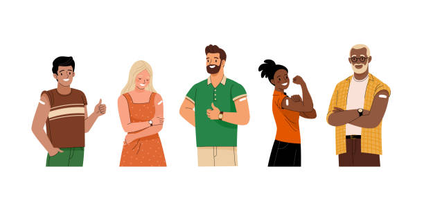 Group of vaccinated people. Vector illustration of diverse cartoon smiling men and women with a patch on the shoulder. Isolated on white man presenting white background stock illustrations