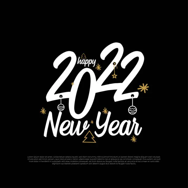Vector illustration of Happy new year 2022 logo text design. design template, card, banner, flyer, web, poster. Gold stars on black background