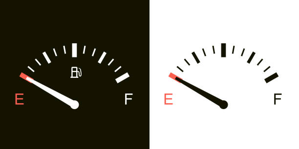 ilustraciones, imágenes clip art, dibujos animados e iconos de stock de indicador de combustible moderno con bajo nivel de combustible - gas gauge full empty
