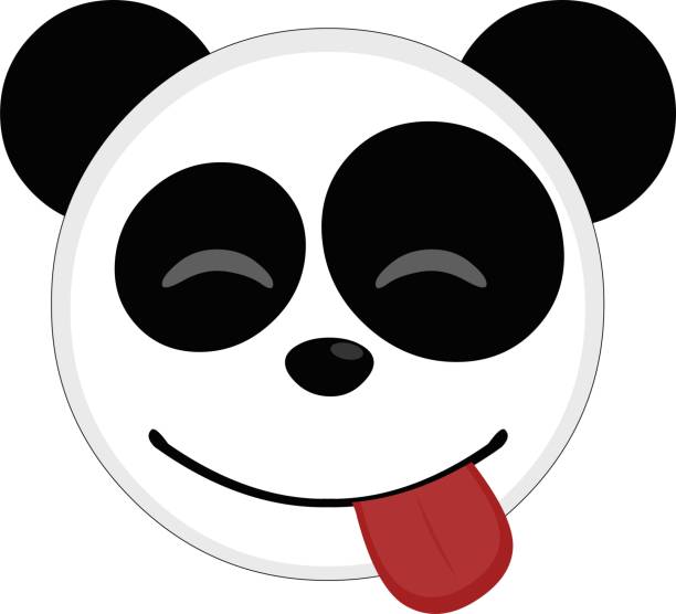 vektor-emoticon-illustration cartoon eines pandabärenkopfes mit einem freudigen ausdruck der freude mit geschlossenen augen und herausstreckender zunge - monochrome black and white eating chinese cuisine stock-grafiken, -clipart, -cartoons und -symbole