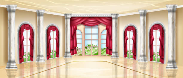 istock Empty palace interior, luxury vector ballroom, royal wedding banquet hall, arch window, marble floor. 1330901533