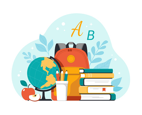 Vector cartoon illustration in flat style of school supplies, such as globe, backpack, pencils with leaves on background.