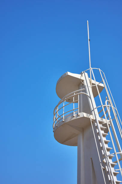 istock white concrete watchtower with metal railings on a blue background 1330902858