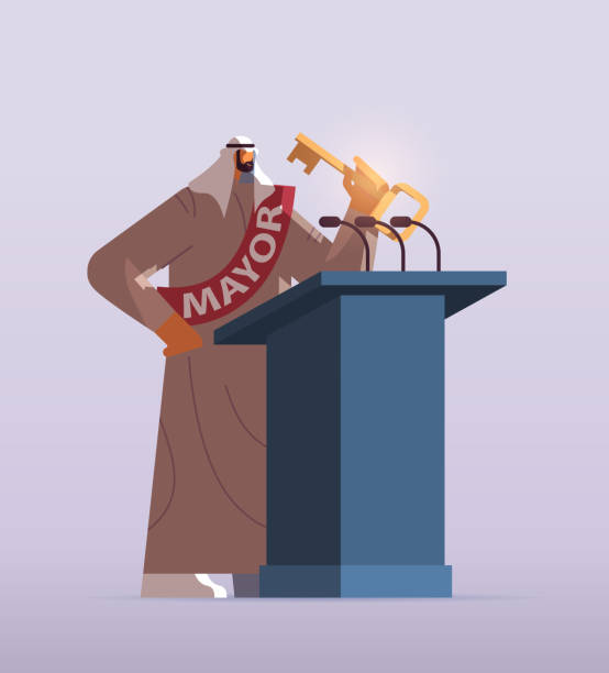 ilustrações, clipart, desenhos animados e ícones de prefeito árabe com discurso chave de tribune conceito de declaração pública de comprimento completo - president men cartoon old