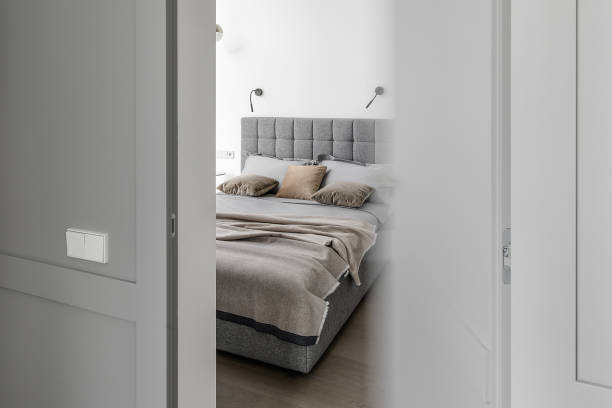 istock Modern Minimalism Style Bedroom Interior In Beige  and grey Tones 1330906076