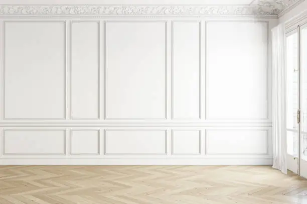 Classic white empty blank wall interior with moldings and wood floor. 3d render illustration mockup.