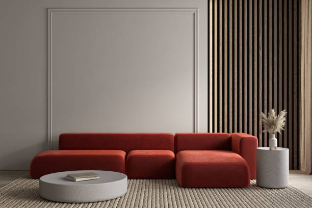 istock Modern classic interior with red sofa, moldings and decor. 3d render illustration mockup. 1330908249