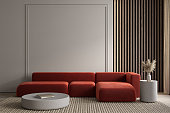 Modern classic interior with red sofa, moldings and decor. 3d render illustration mockup.