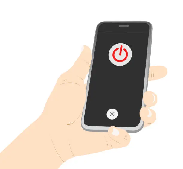 Vector illustration of Power off, turn off, off, close, mobile phone, smart phone, hand, turn of device vector stock.