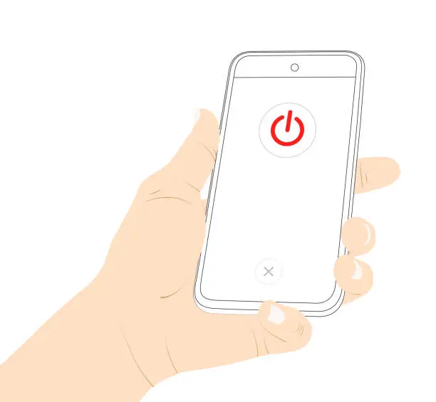 Vector illustration of Power off, turn off, off, close, mobile phone, smart phone, hand, turn of device vector stock.