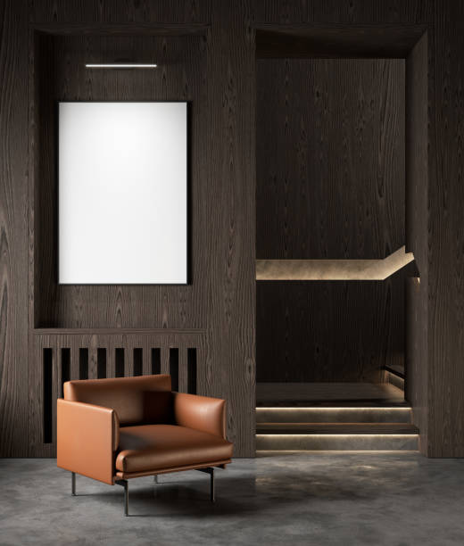 istock Modern interior with wood wall panel, concrete floor and orange armchair. 3d render illustration mockup. 1330908404