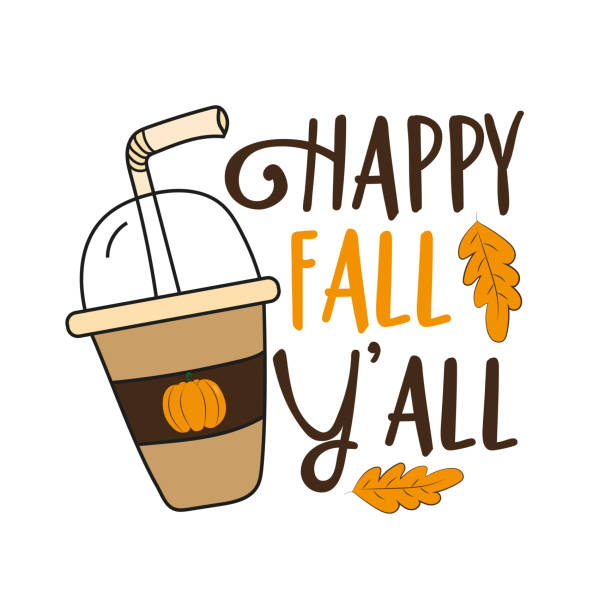 happy fall y'all - handgezeichnete vektorillustration, lustige herbstphrase mit latte. - kürbisernte stock-grafiken, -clipart, -cartoons und -symbole