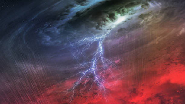 enorme uragano dall'interno. nuvole con occhio da uragano e fulmine e pioggia sopra la terra rossa. elementi di questa immagine forniti dalla nasa. - occhio del ciclone foto e immagini stock