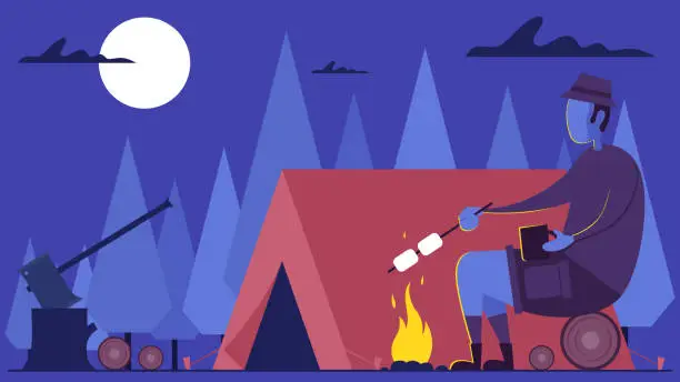 Vector illustration of Man roasting marshmallow over campfire