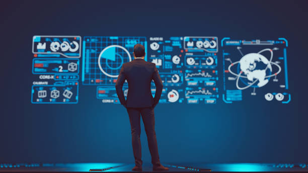 istock Man makes big data analysis in front of a giant hologram screen 1330912554